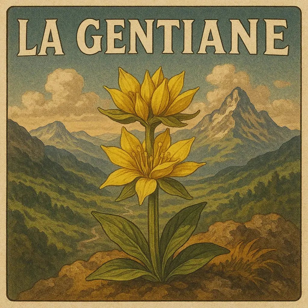 Fleur de gentiane sur un fond de montagne magnifique, vintage Image